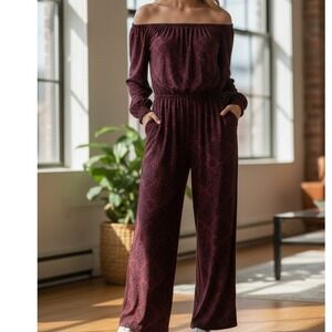 Live to Be Spoiled jumpsuit flare pant off shoulder paisley pattern long sleeve